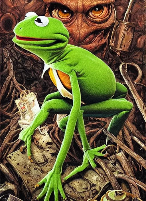 Image similar to portrait of Kermit the frog in Evil Dead (2013), highly detailed, centered, solid color background, digital painting, artstation, concept art, smooth, sharp focus, illustration, artgerm, donato giancola, Joseph Christian Leyendecker, Les Edwards, WLOP, Basil Gogos, Artgerm