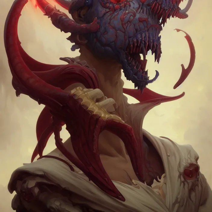 Prompt: excellent painted portrait of the grand demon tyrant, character artwork, abyssal monster, 8k resolution artwork, trending on artstation, detailed oil painting portrait, art by artgerm and greg rutkowski and alphonse mucha and craig mullins and James Jean and Andrei Riabovitchev and Marc Simonetti and peter mohrbacher