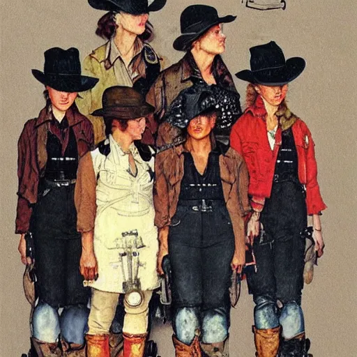 Prompt: Front portrait of an all-female outlaw gang. A painting by Norman Rockwell.