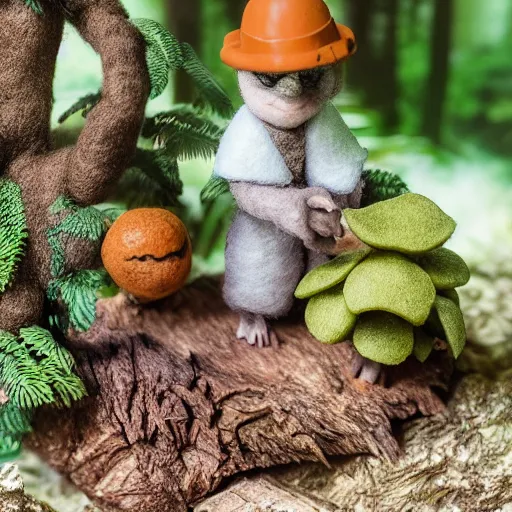 Image similar to high - res photograph of a claymation sculpture action figure cute fluffy critters, highly detailed sculpey diorama, forest setting, waterfall backdrop, realistic materials, wood, felt, cloth, burlap, smooth, sharp foccus, commercial product photography,