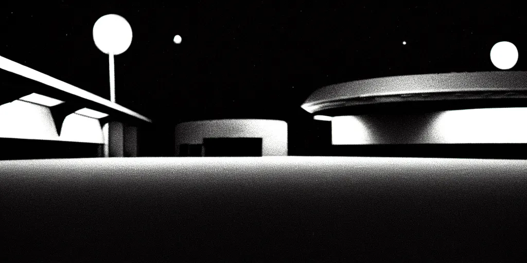 Image similar to low angle shot of a space port at night, film noir set design by Kabuki, in the style of Jim Jarmusch, shot on film, grainy, hyperrealistic