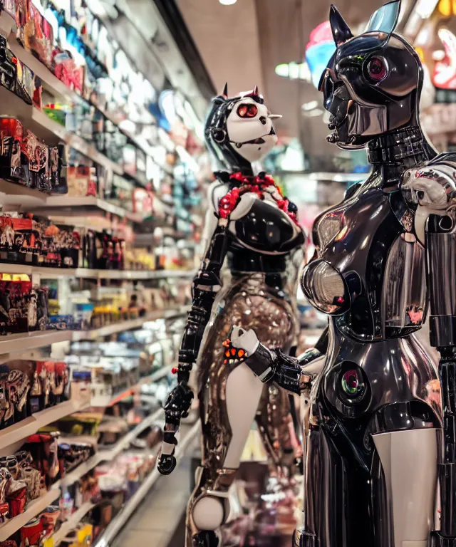 Image similar to high quality presentation photo of an evil robot anthropomorphic catwoman shopping in japan, photography 4k f1.8 anamorphic bokeh 4k Canon Nikon