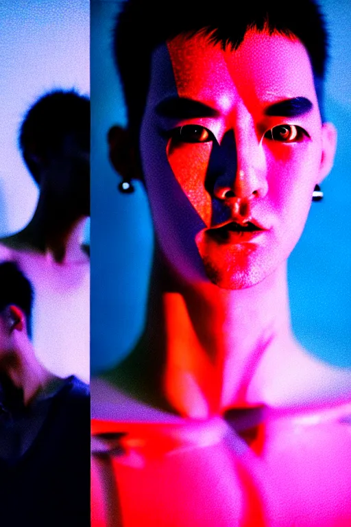 Image similar to a close - up risograph of cyberpunk japanese model men with black eyes and pretty face wearing lots of transparent and cellophane accessories, huge earrings, and queer make up, blue hour, twilight, cool, portrait, kodachrome, iso 1 2 0 0, photo by mayumi hosokura, style by moebius