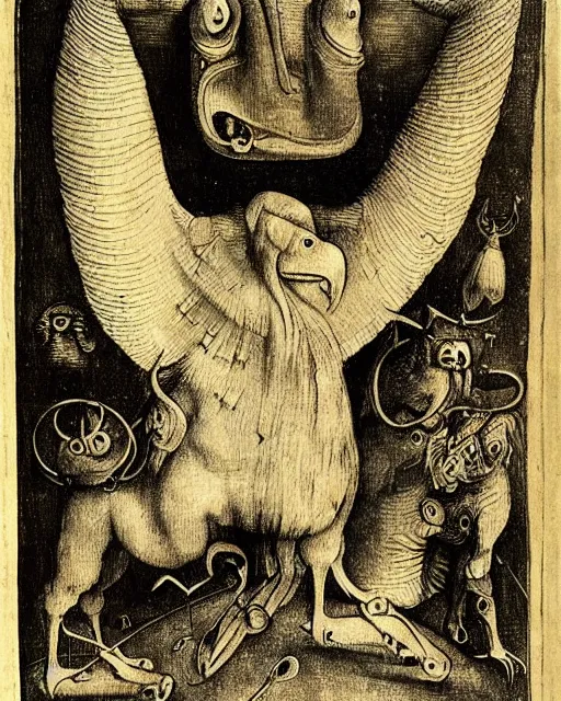 Image similar to a creature with the body and eyes of a man, beak of an eagle instead of the nose, the mane of a lion, two horns of an ox on the head. drawn by hieronymus bosch