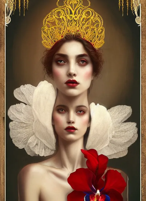 Image similar to beautiful brunette lady in white embroidered shirt, national costume of venezuelan, filigree crown with red, blue and yellow textile orchid flowers, intricate, elegant, digital painting, art nouveau, soft, smooth, soft, focus, edge light, charlie bowater, tom bagshaw, greg rutkowski