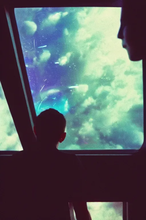 Image similar to agfa vista 4 0 0 photograph of a guy in a spaceship looking out a window into space, back view, synth vibe, vaporwave colors, lens flare, moody lighting, moody vibe, telephoto, 9 0 s vibe, blurry background, grain, tranquil, calm, faded!,