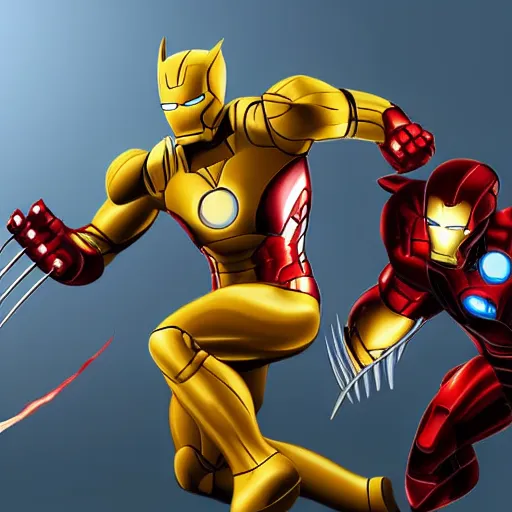 Image similar to wolverine versus iron man, 4k realistic photo