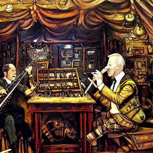 Prompt: masterpiece painting of Joe Biden playing the hurdy gurdy in a fantasy tavern by Ian Miller