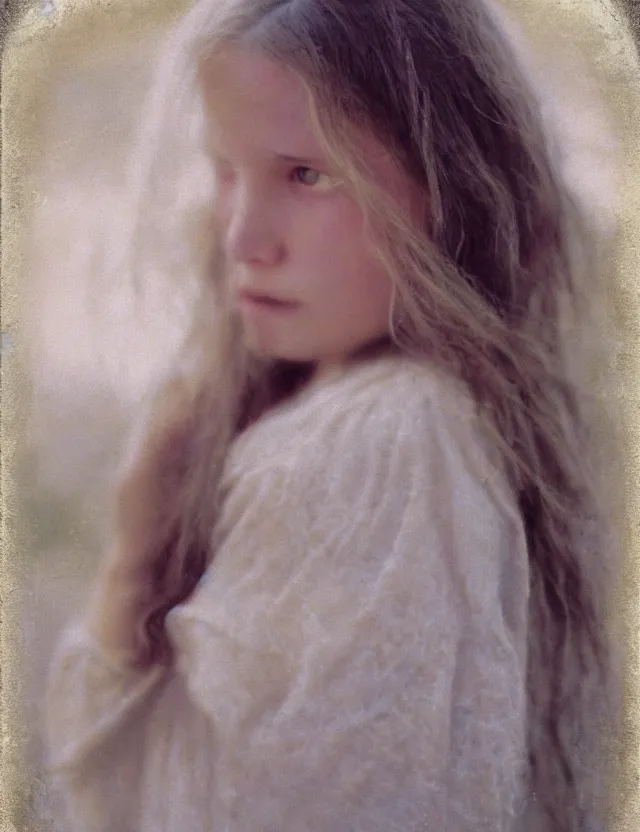 Prompt: shy and modest peasant girl long hair portrait, cottage core, cinematic focus, polaroid photo bleached vintage pastel colors high - key lighting, soft lights, foggy, by steve hanks, by lisa yuskavage, by serov valentin, by tarkovsky, 8 k render, detailed, oil on canvas