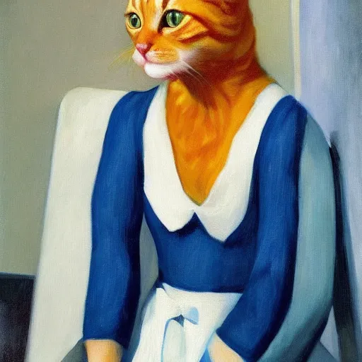Image similar to Edward Hopper portrait of a ginger tabby cat wearing a beautiful outfit