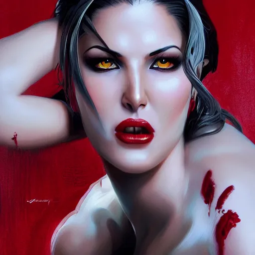 Prompt: portrait of sunny leone upper body in bloody business suit, blood red eyes, vampire fangs, fantasy, intricate, elegant, highly detailed, digital painting, artstation, concept art, matte, sharp focus, illustration, art by aenaluck and roberto ferri and greg rutkowski, epic fantasy, digital painting