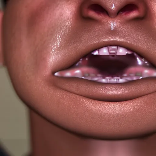 Image similar to extreme closeup of a hyperrealistic human inside mouth macro shot, hyperrealistic, extreme detail, ray tracing, octane render
