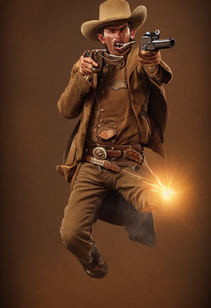 Image similar to an epic portrait of a cowboy firing his revolver Colt 45 while yelling, full body with dynamic pose, during archetypical Old West period, 19th century, male, detailed face, cinematic lighting, by concept art, masterpiece, fantastic, octane render, 8K HD Resolution, High quality image