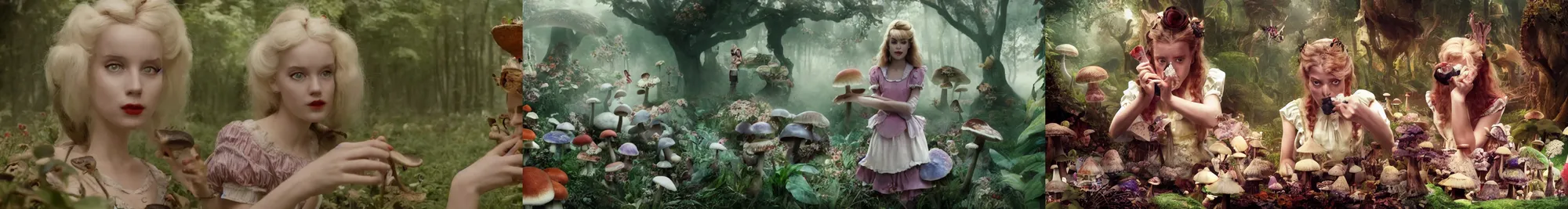 Prompt: detailed close up cinematic shot of alice in wonderland smelling mushrooms and smoke in cinemascope anamorphic