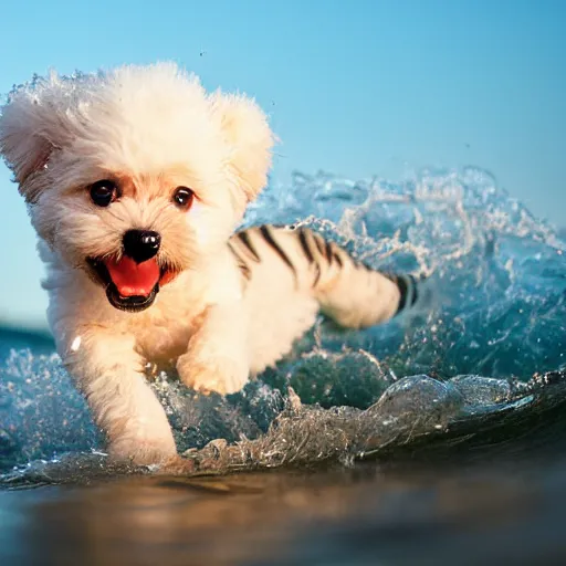 Image similar to a closeup photorealistic photograph of a cute smiling tiger bichon puppy splashing in the surf during sunset. professional capture, well lit shot. this 4 k hd image is trending on artstation, featured on behance, well - rendered, extra crisp, features intricate detail, epic composition and the style of unreal engine.