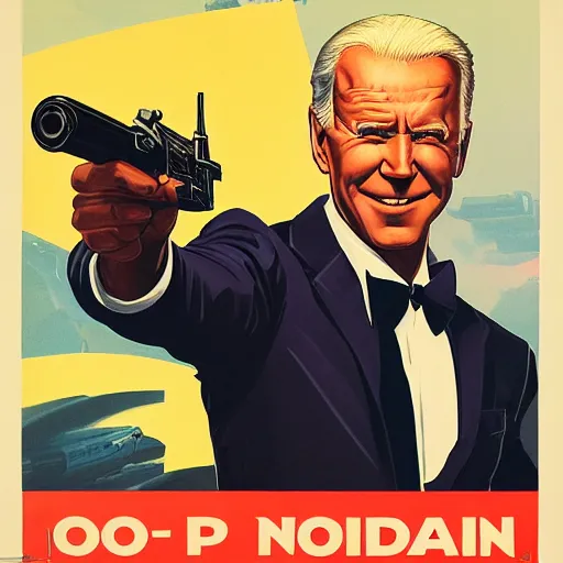 Image similar to propaganda poster of joe biden pointing gun directly at camera in james bond mobie, closeup of gun, visible barrel and grip by j. c. leyendecker, bosch, lisa frank, jon mcnaughton, and beksinski