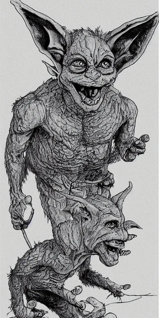 Image similar to field guide page with an illustration of a goblin. highly detailed realistic rendering