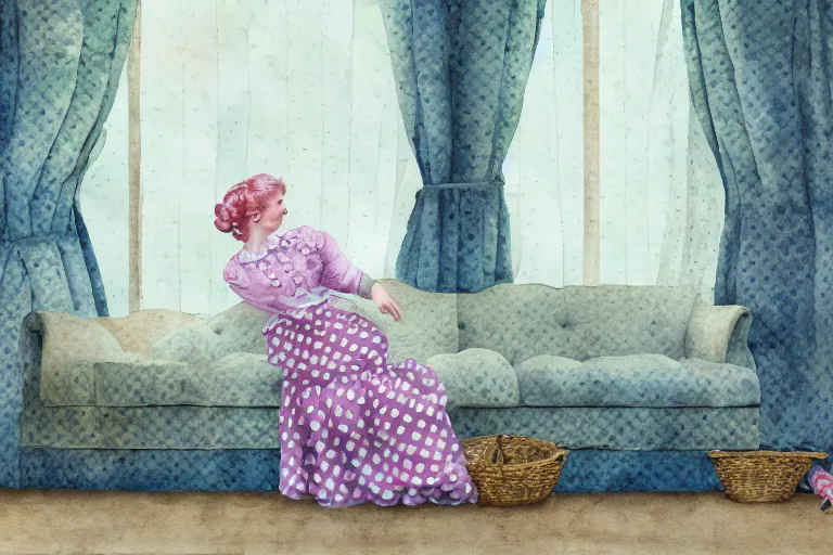 Image similar to charming and chubby fish female, wearing a polka dot cloths and a victorian - style hairdo, lye on the fancy sofa, in the large and bright studio. sunlight enters through the barred window. delicate watercolor and pencil on canvas. beautiful lighting, 4 k post - processing, highly detailed, 5 k extremely detailed, 3 d. cinematic scene.