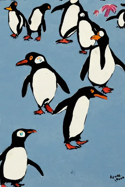 Prompt: penguins dancing in chuncheon by quentin blake