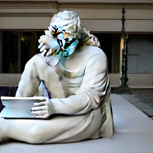 Image similar to a marble statue having trouble working on his laptop