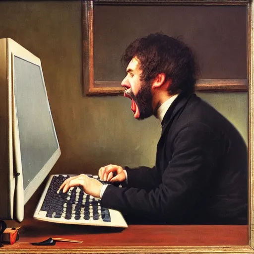 Image similar to an angry man yells at his computer monitor, oil on canvas, 1 8 8 3, highly detailed, high resolution