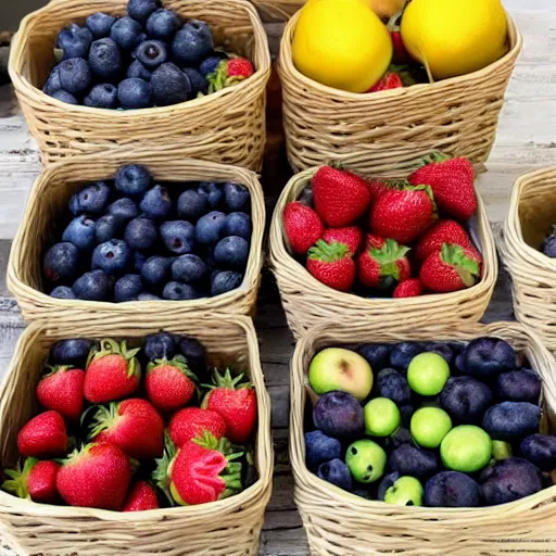 Image similar to 3 baskets filled with 3 different fruits, the left basket filled with strawberries, the middle basket filled with blueberries, the right basket filled with apples