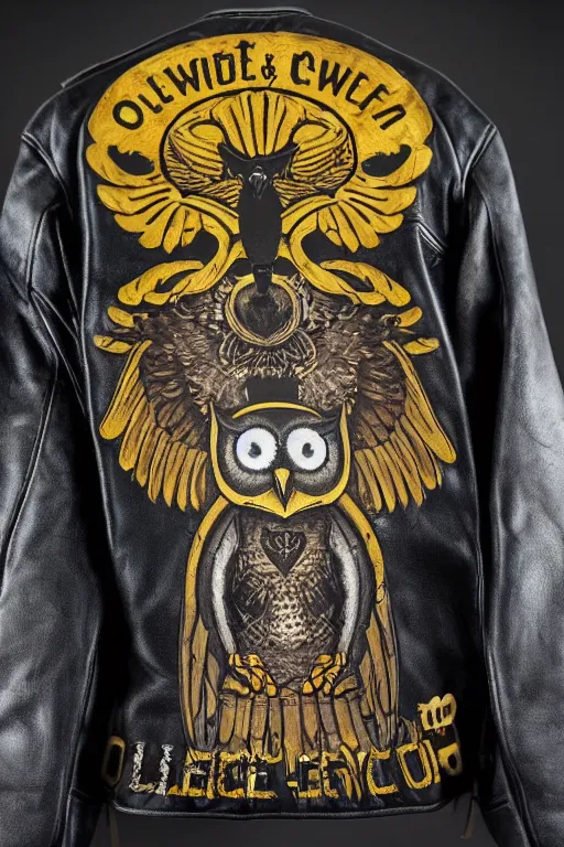 Prompt: owl wearing biker gang jacket with label which says hoo - ligan, portrait photo, full body, backlit, studio photo, golden ratio