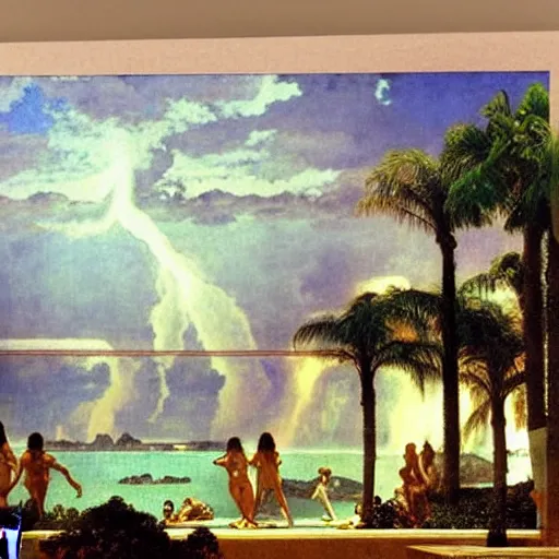 Image similar to The giant column, thunderstorm, greek pool, beach and palm trees on the background major arcana sky, by paul delaroche, alphonse mucha and arnold böcklin arnold böcklin hyperrealistic 8k, very detailed