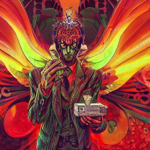 Image similar to 8K centered headshot Portrait of a psychedelic godlike mothman posing with a cigar with giant mandala wings smoking a hand-rolled cigarette smoking heavily , magic mushroom village in background , post-processing , award winning. superb resolution. in the art style of Satoshi Kon and Greg Rutkowski . Detailed Mushroom city in background. Hyper realistic anime. Perfect art. Dalle2