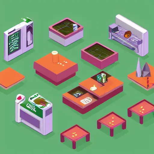 Image similar to isometric cartoon of funky recreational cannabis cafe area, baristas coffee machine, aluminum sheen, people drinking coffee and smoke cannabis cigarettes, weed vending machines, only 3 tables beanbags, 4 cannabis pots, by benoit mandelbrot, low poly cute minimal interior design concept art illustrated by anni albers, 2 d game art