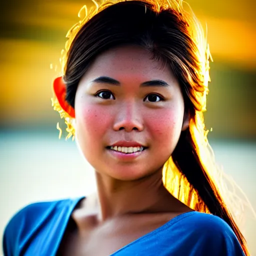 Prompt: a beautiful portrait cyanotype of a beautiful slim Filipina girl, beautiful detailed eyes, golden hour in Boracay, outdoors, professional award winning portrait photography, Zeiss 150mm f/ 2.8 Hasselblad