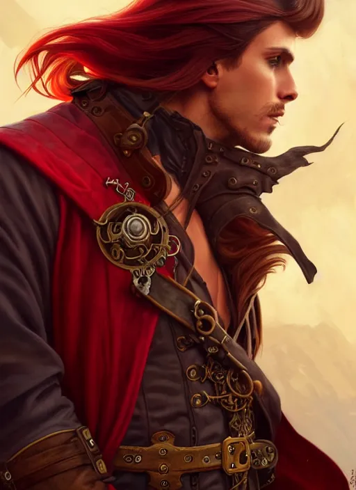 Image similar to male airship pirate, D&D, handsome, side profile, fantasy, intricate, long hair, leather coat, airship, steampunk, red hair, elegant, highly detailed, digital painting, artstation, concept art, smooth, sharp focus, illustration, art by artgerm and greg rutkowski and alphonse mucha