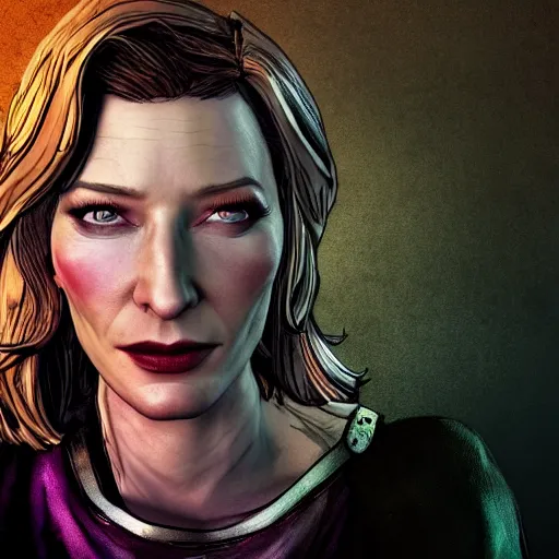 Image similar to cate blanchett portrait, borderlands, tales from the borderlands, the wolf among us, comic, cinematic lighting, studio quality, 8 k