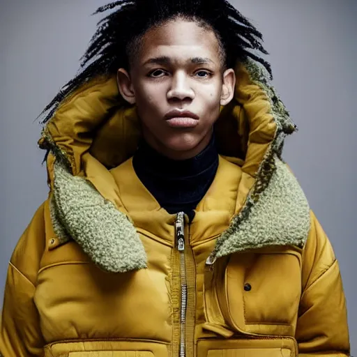 Image similar to realistic photoshooting for a new balenciaga lookbook color film photography close up portrait of a beautiful woman model, model wears a puffer jacket, photo in style of tyler mitchell, wes anderson, ssense