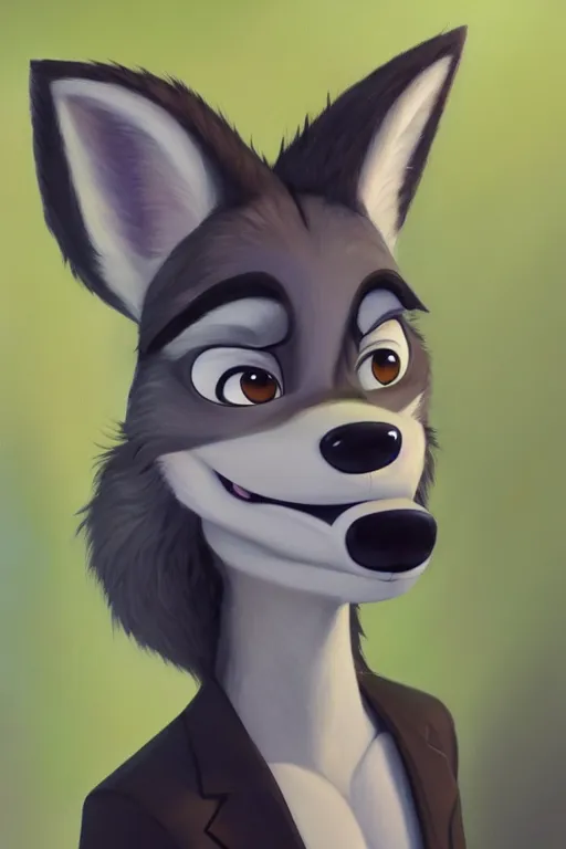 Image similar to oil painting of anthromorphic female wolf, in style of zootopia, female fursona, furry, furaffinity, 4 k, deviantart, furry art, fursona art, wearing black business suit, business suit, wolf fursona, female, smug expression,