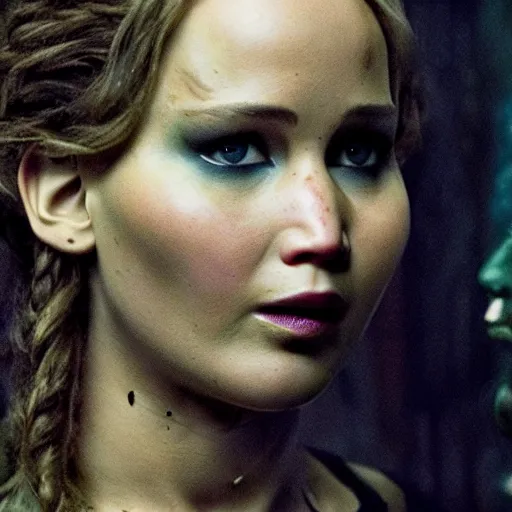 Image similar to jennifer lawrence as frankenstein's monster, color photography, sharp detail, still from the movie