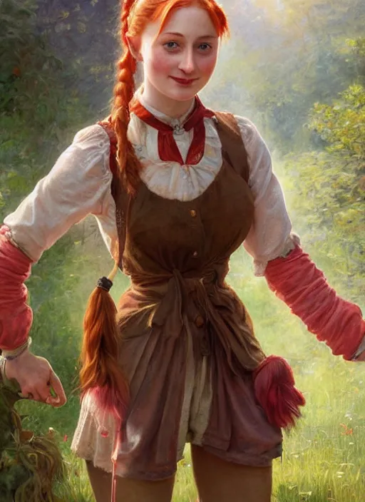 Prompt: portrait Sophie Turner as Pippi Longstocking, full length shot, shining, 8k highly detailed, sharp focus, illustration, art by artgerm, mucha, bouguereau