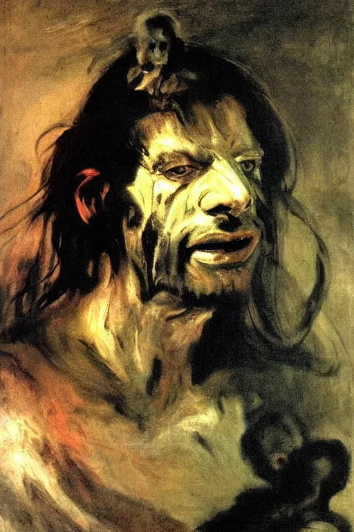 Image similar to menacing portrait of aphex twin emerging from the dark void, figure in the darkness, painted by Eugène Delacroix, John Singer Sargent, Adrian Ghenie, Francis Bacon,