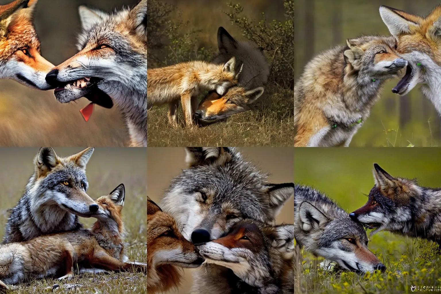 Prompt: an award winning NatGeo photograph of a wolf nuzzling a fox