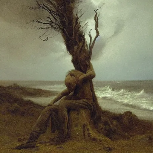 Image similar to pantone, ray tracing by joseph farquharson melancholic, extemporaneous. a body art of a man caught in a storm, buffeted by wind & rain. he clings to a tree for support, but the tree is bent by the force of the storm. he is soaking wet. his face is contorted with fear & effort.