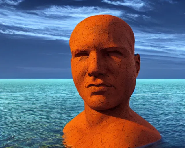 Image similar to a giant abstract sculpture of a human head on the ocean water, in the style of chad knight, award winning, cinematic, hyper - realistic, very detailed, realistic water splashes, ray tracing, 8 k resolution, long - shot, sharp focus, low angle, 8 5 mm photograph, wide lens