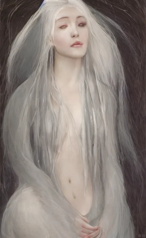 Image similar to angelic beauty with silver hair so pale and wan! and thin!?, flowing robes, covered in robes, lone pale wan fair skinned goddess, wearing robes of silver, flowing, pale skin, young cute face, covered!!, clothed!! oil on canvas, style of lucien levy - dhurmer and jean deville, 4 k resolution, aesthetic!, mystery