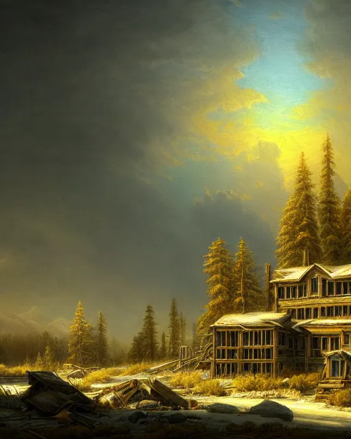 Image similar to a beautiful very detailed painting of city building tundra architecture nature abandoned urbex industrial architecture unfinished building by asher brown durand, sunlight infrared nightsky meadow, archdaily, wallpaper, highly detailed, trending on artstation.