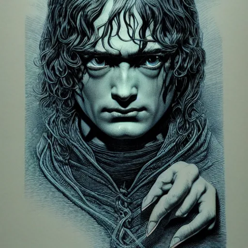 Image similar to medium portrait soft light, by bernie wrightson and joe fenton, inspired by lord of the rings, blue and grey only, etching, fine, sharp high detail,