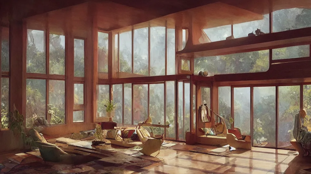 Prompt: a beautiful painting of the view from the river of the interior of a cozy home designed by frank lloyd wright, with geometric patterned windows, intricate, elegant, highly detailed, digital painting, artstation, concept art, by krenz cushart and artem demura