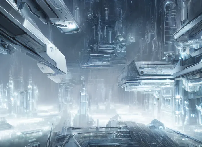 Image similar to cult of technology, exterior of scifi temple, machines, robots, ultra realistic, transparent labs, metallic surface, highly detailed, white, futuristic landscape, city, utopian architecture, atmosphere, masterpiece, portals, epic lighting, glowing wires, mysterious, 4 k, cinematic, art by patryk olkiewicz and chris ostrowski and liang yao