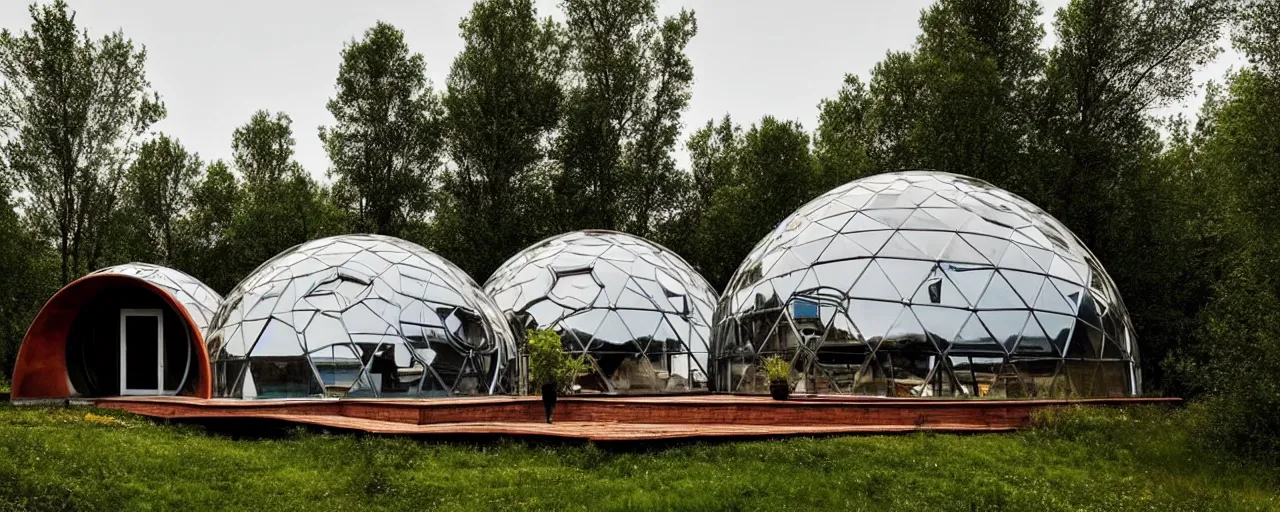 Image similar to spectacular dome house by kristoffer tejlgaard, earthship, optimus sun orientation, north hemisphere, spain, geodesic architecture, biodome homes, fuller