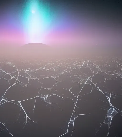 Prompt: surreal crystalized synapse, aerial iridecent veins, moonbow, in the desert, foggy sky, dark starry night, octane render, unreal engine, pale colors, high detail, 8 k, wide angle, trending on artstation, behance