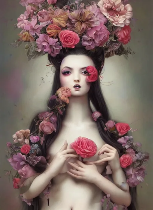 Prompt: pop surrealism, lowbrow art, realistic seductive cute woman painting, long hair, japanese shibari with flowers, hyper realism, muted colours, rococo, natalie shau, loreta lux, tom bagshaw, mark ryden, trevor brown style,