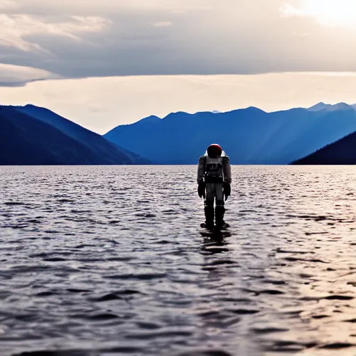 Prompt: an astronaut standing in the water of Lake Baikal and looking at the mountains. Photo by professional. Nikkor